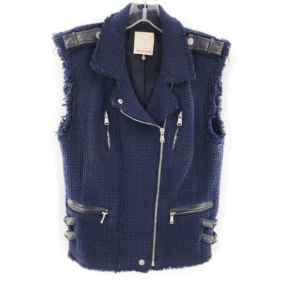 REBECCA TAYLOR Moto Tweed Vest Lamb Leather Trim Zip Up Navy Blue - Picture 2 of 6